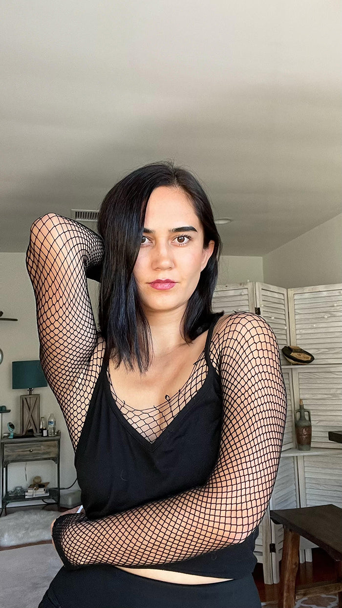 repurposing old fishnet tights for creative DIY Halloween outfits and costumes.