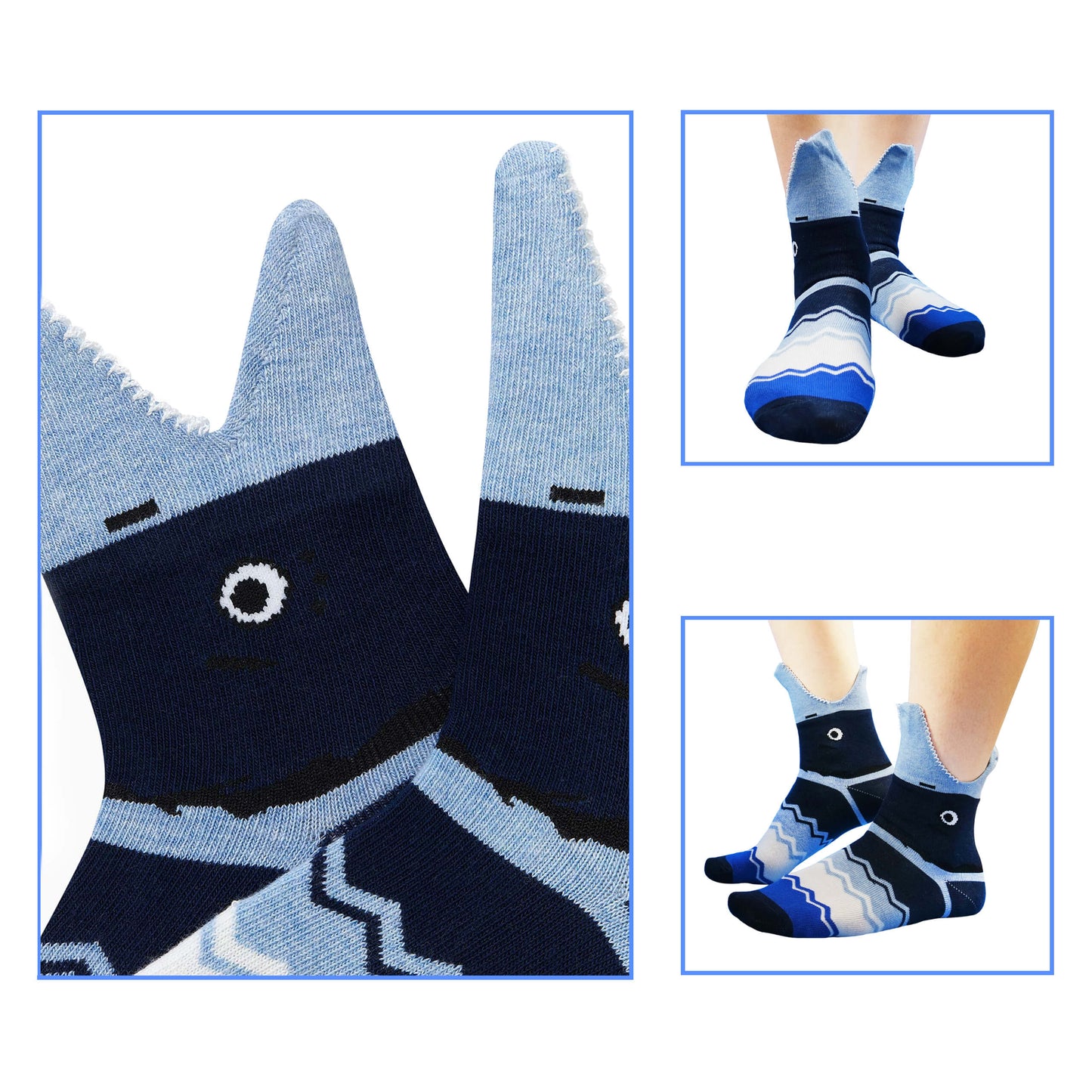 3D blue shark kids socks, showcasing cute and lifelike shark designs for a playful and fun look.