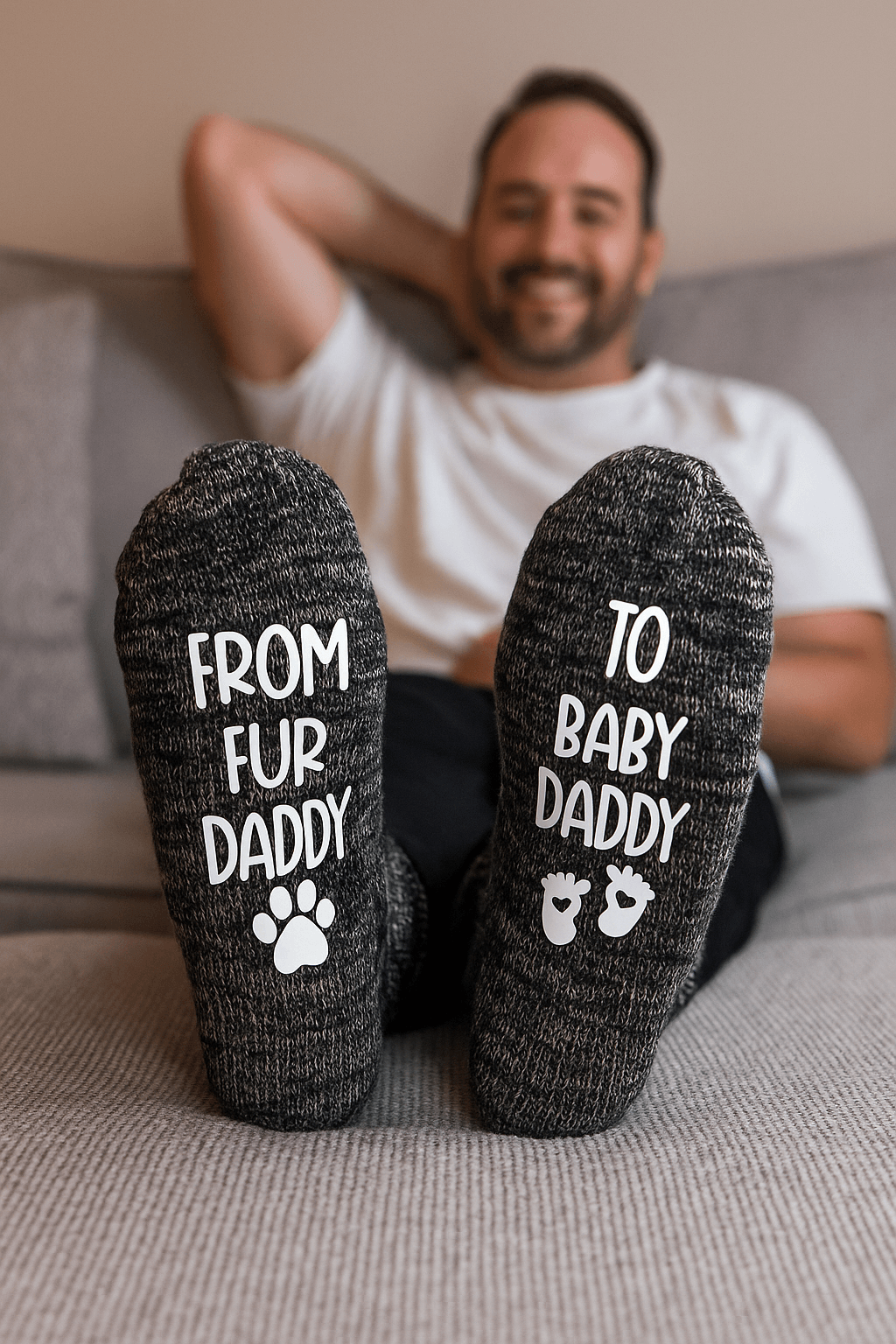 Men’s novelty socks with 'From Fur Daddy to Baby Daddy' text, perfect gift for expecting fathers with pets