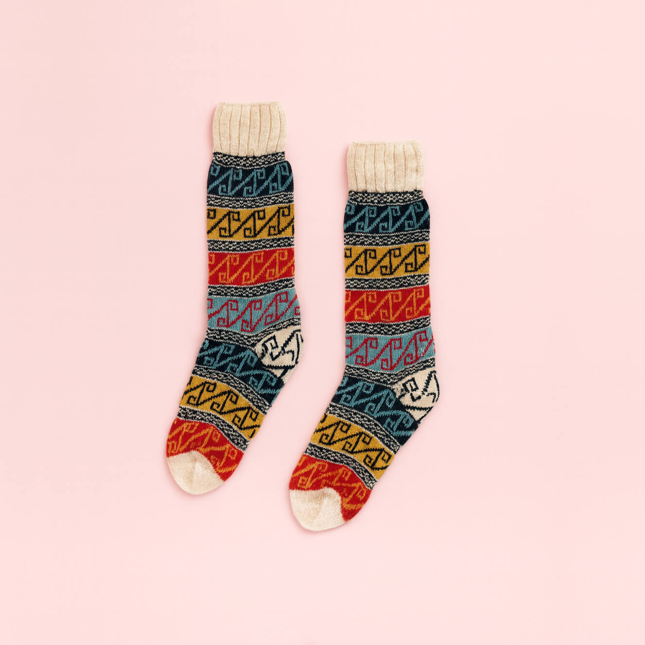 Random Color Mukluk Style Slippers, Knee High Ethnic Sock, Chunky Authentic Socks, Wool Socks, Under Knee Alpaca Wool, Bohemian FairIsle Home Slippers