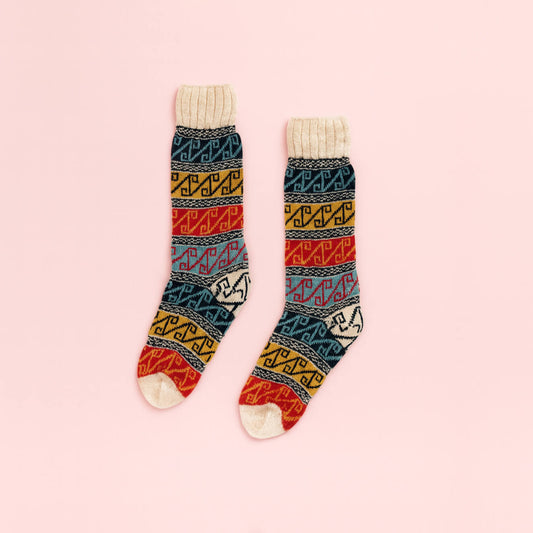 Random Color Mukluk Style Slippers, Knee High Ethnic Sock, Chunky Authentic Socks, Wool Socks, Under Knee Alpaca Wool, Bohemian FairIsle Home Slippers