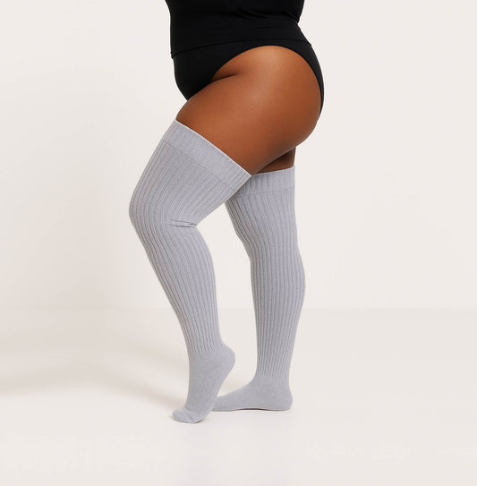 Women's Ribbed Cloud Gray Plus Size Thigh High Socks