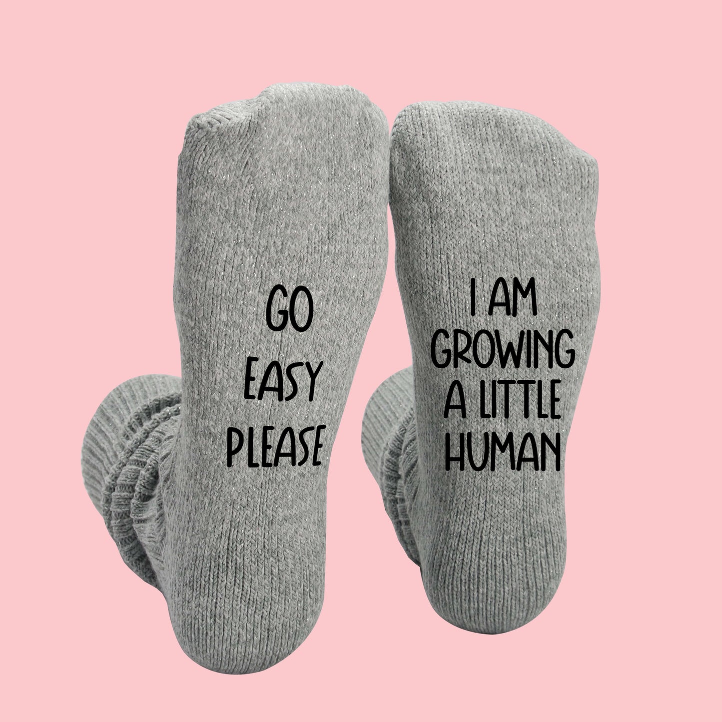 "Go Easy Please, I Am Growing A Little Human" New Mom Socks-Wool Glitter Gray