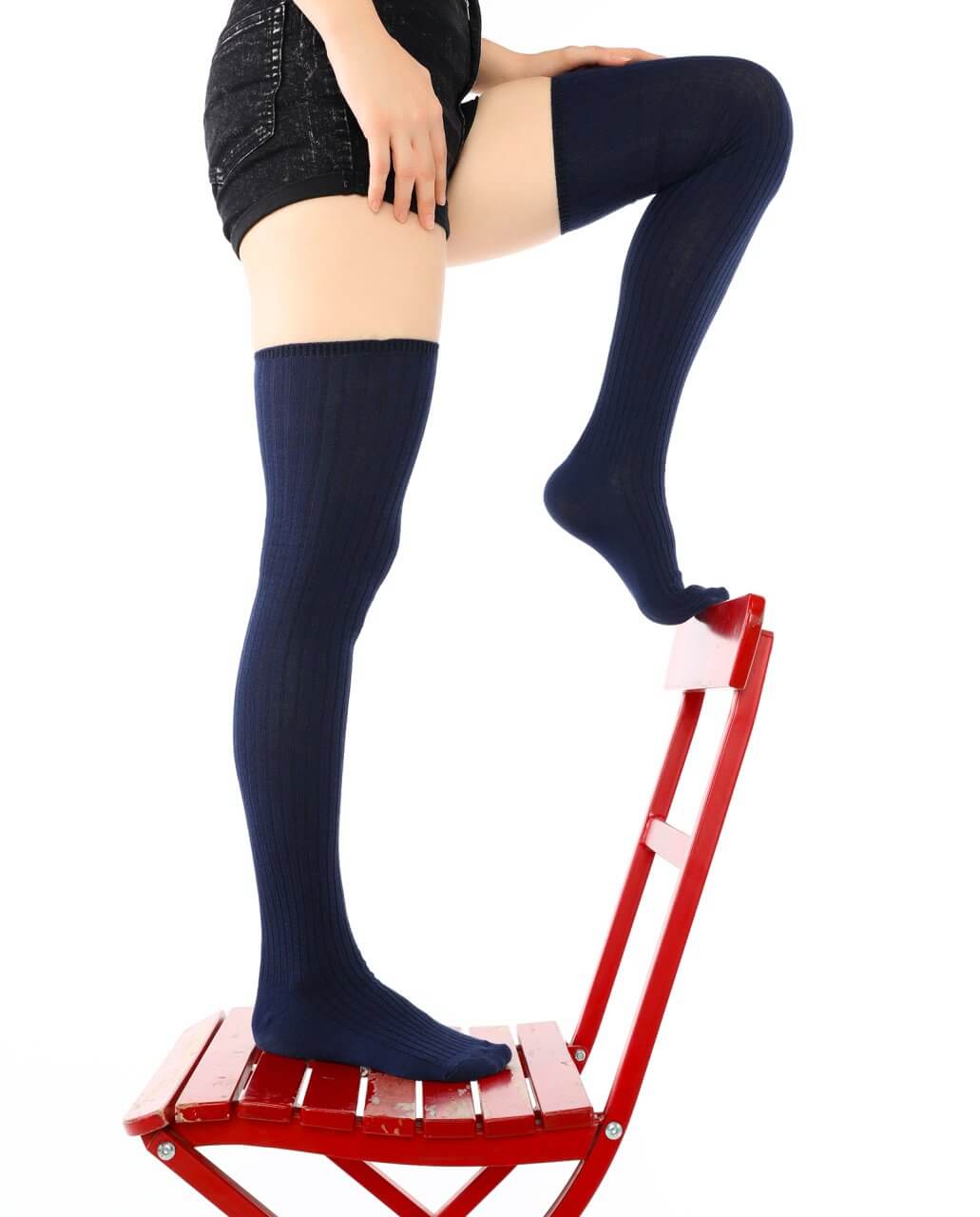 Women's Navy Ribbed Cotton Thigh High Socks