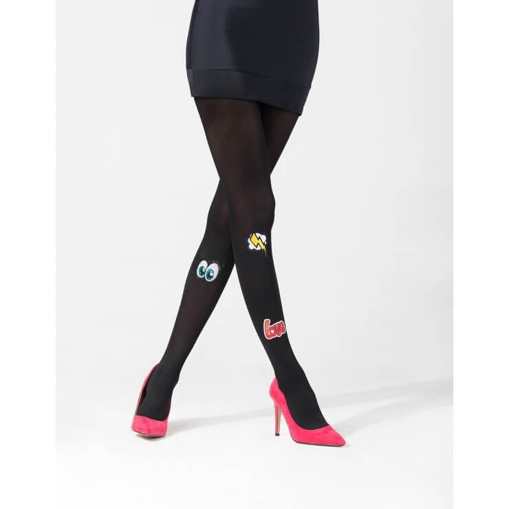 Sequined tights with an artistic pop art design, adding a touch of creativity and sophistication to any look."