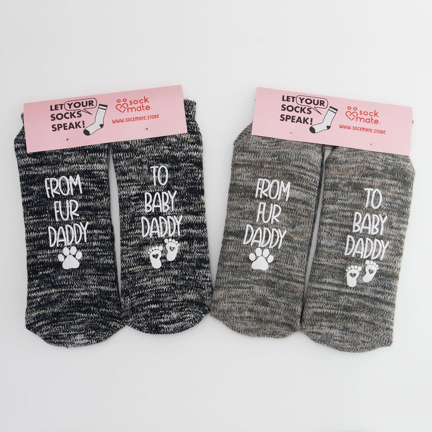 Funny dad-to-be socks with paw prints and baby feet, ideal for pet owners becoming new dads