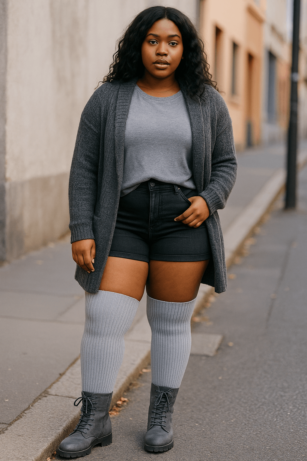 Women's Ribbed Cloud Gray Plus Size Thigh High Socks