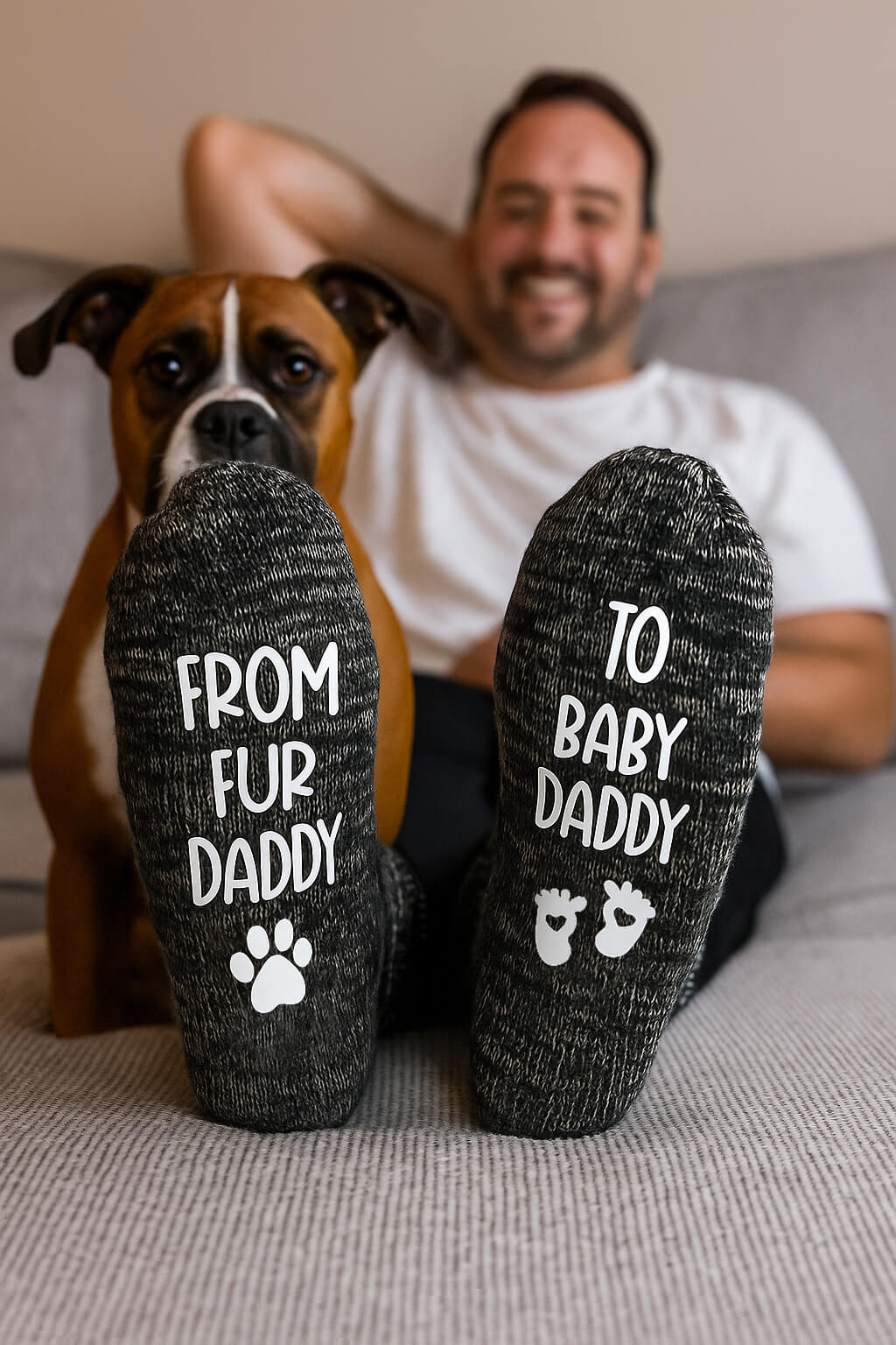 Expecting father socks with humorous message and animal print, great baby shower gift for dog dads