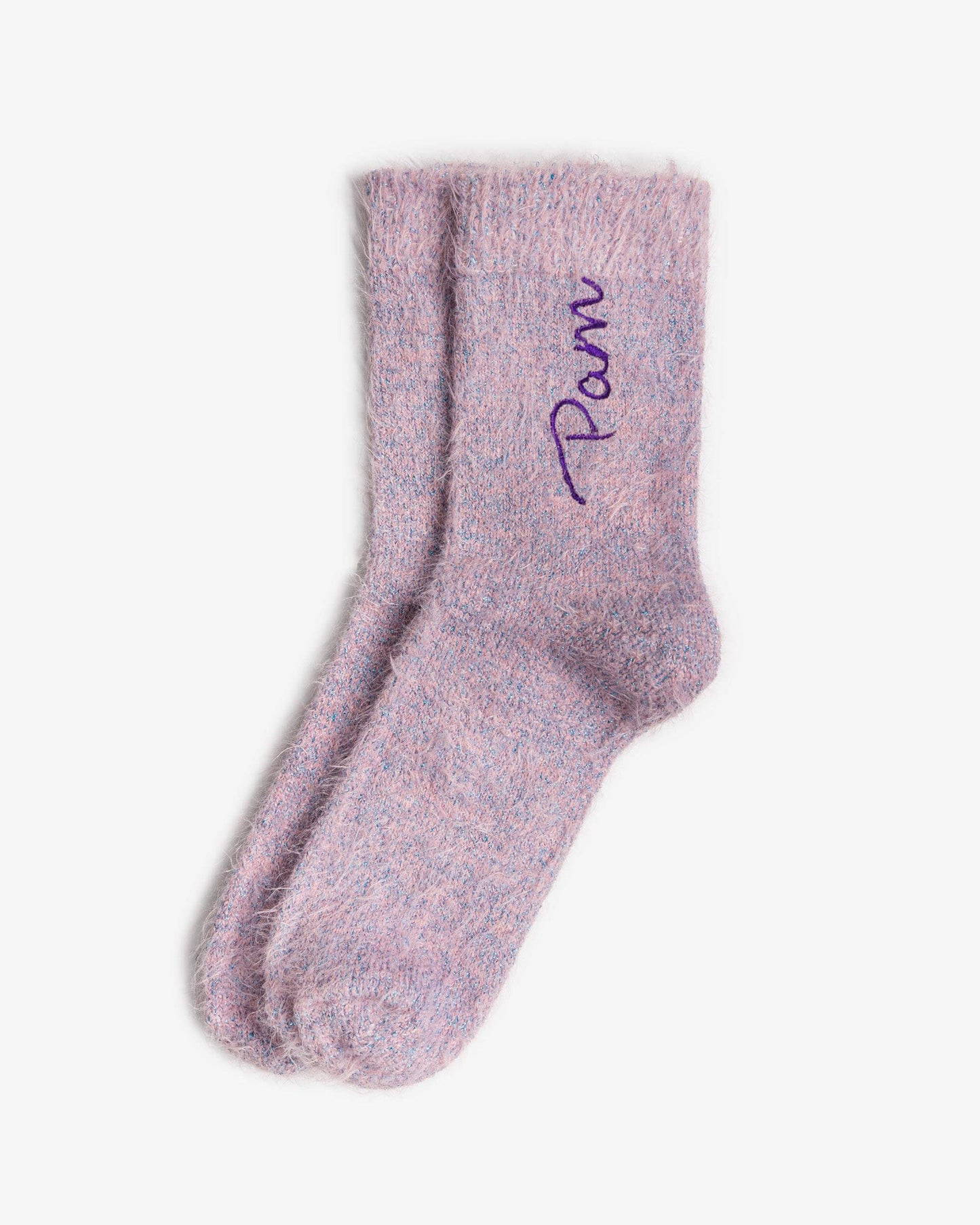 Two lilac fuzzy socks with purple “Pam” embroidery neatly stacked on white background, showing soft fluffy knit detail.