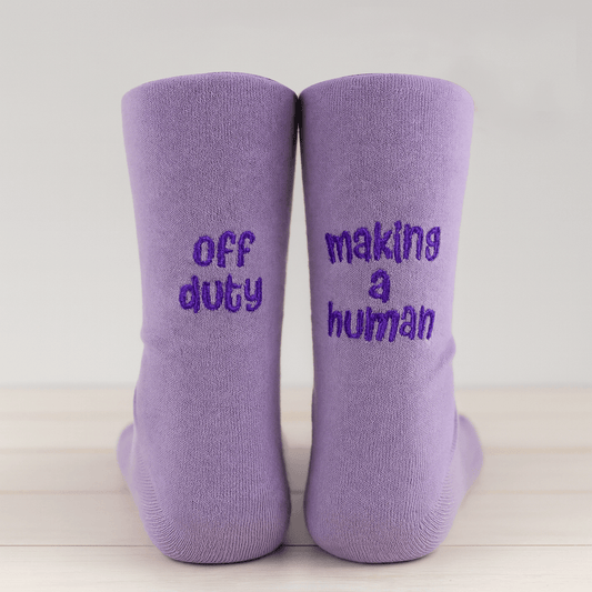 Hospital Socks "Off Duty' Making a human" New Mom Embroidered Lilac Bamboo Socks