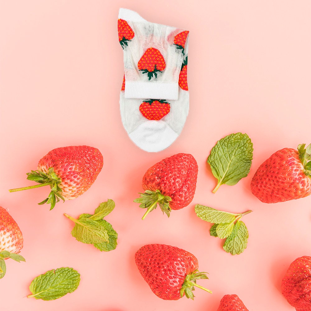 Women's Sheer Fruit Salad, White Mesh, Lace, Tulle, Transparent, Pineapple, Strawberry, Watermelons Embroidered Hosiery, Size 6-10