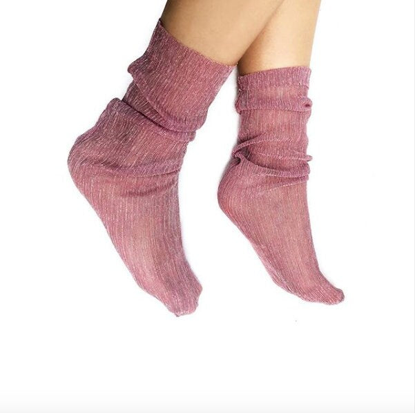 Women's Pink Sheer Handmade Cute Socks, Lace, Tulle, Embroidered, Transparent, Mesh Socks, Bridal Gift Socks, Stars Sexy Hosiery, Size 6-10