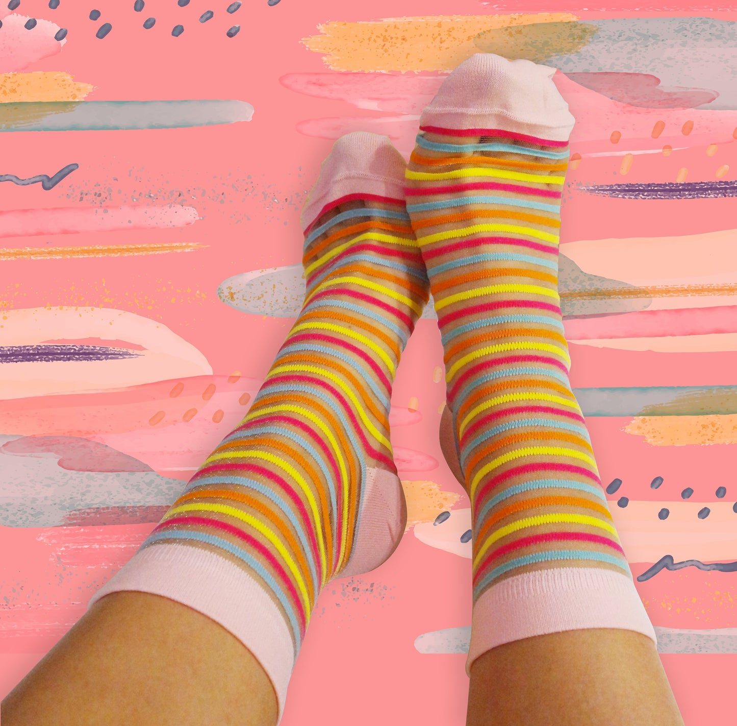 Women's Striped Sheer Socks, White-Pink-Rainbow Mesh, Transparent, Lace Socks, US Size 6-10, Gift for Her, Pink Lover Gift, Fashion Socks