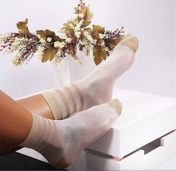 Women's Mesh, Sheer, Lace, Tulle Socks, Gold-Silver-Black Color Hosiery, Sexy Glitter Stripe Sock, Bridal Socks, Gift for Her, US Size 6-10