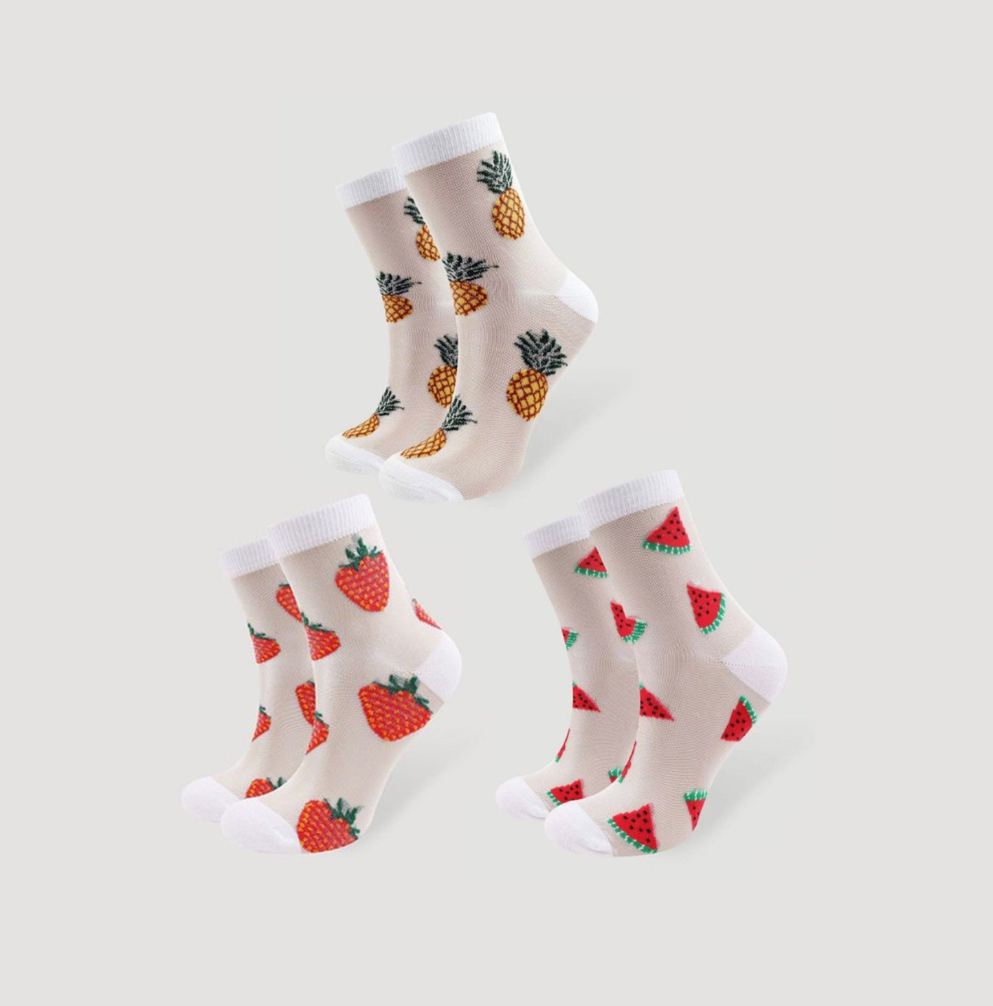 Women's Sheer Fruit Salad, White Mesh, Lace, Tulle, Transparent, Pineapple, Strawberry, Watermelons Embroidered Hosiery, Size 6-10