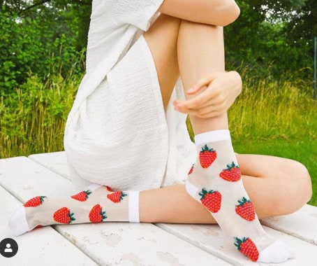 Women's Sheer Fruit Salad, White Mesh, Lace, Tulle, Transparent, Pineapple, Strawberry, Watermelons Embroidered Hosiery, Size 6-10