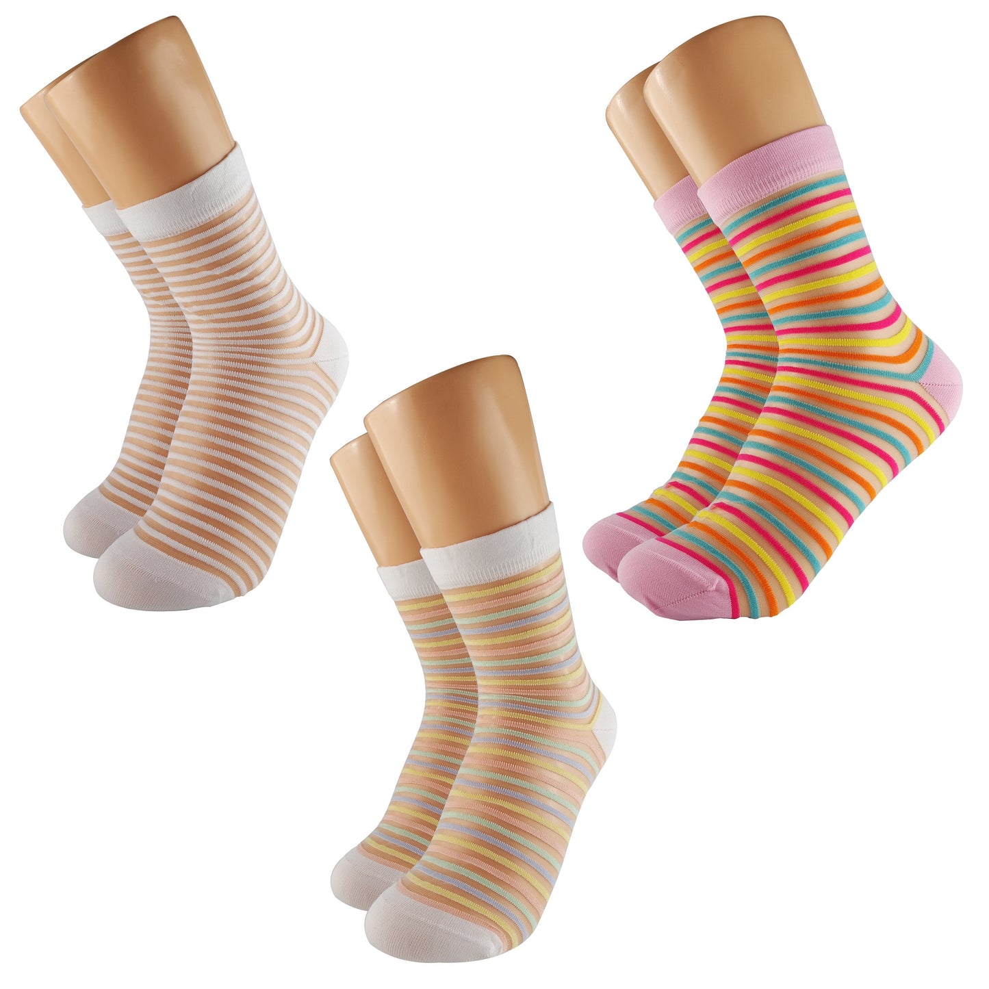 Women's Striped Sheer Socks, White-Pink-Rainbow Mesh, Transparent, Lace Socks, US Size 6-10, Gift for Her, Pink Lover Gift, Fashion Socks