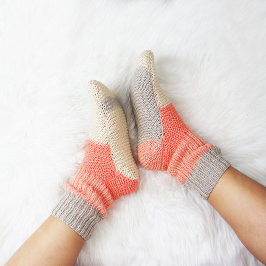 Women's Hand Knitted Socks, Comfy Home Socks, Cozy Gift Socks, Pink-Purple Knit Chunky Slippers, US Size 5.5-8, Gift for Her, Crochet Socks