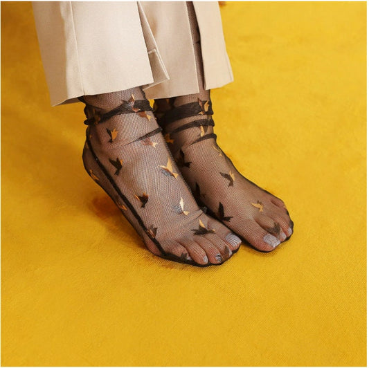 Bird Sheer Socks, Gold Birds Tulle Sock, Transparent Hosiery, Dress Socks For Heels, Mesh Socks, Bridal Gift, Bridesmaid Proposal Gift Items