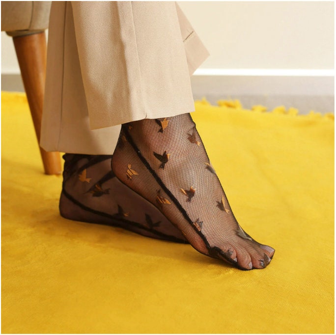 Bird Sheer Socks, Gold Birds Tulle Sock, Transparent Hosiery, Dress Socks For Heels, Mesh Socks, Bridal Gift, Bridesmaid Proposal Gift Items