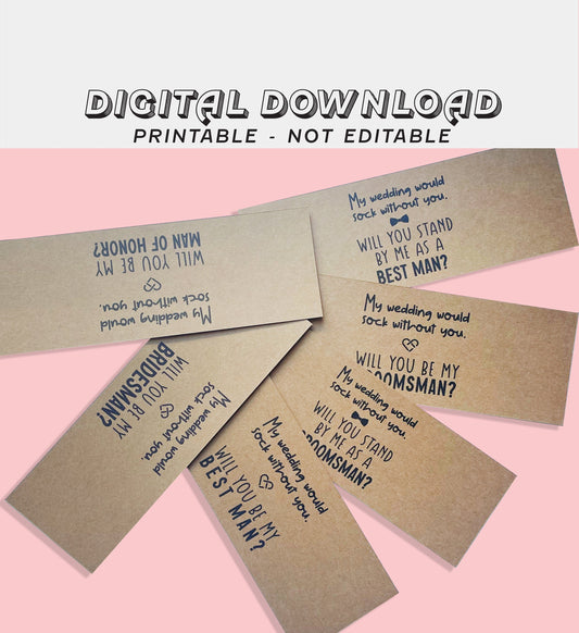 BUNDLE Printable Proposal Sock Wrapper, Will You Be My Bridesman, Best Man, GroomsMan Gift Sock Label, Printable Sock Tag, Instant Download