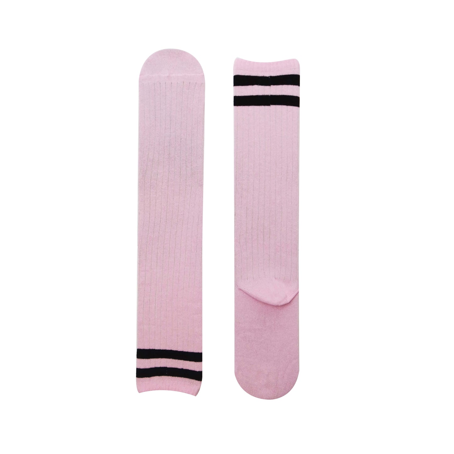 women's pink knee-high socks in black stripes, featuring a stylish and elegant design for a chic look.