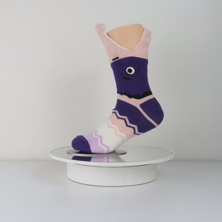 Engaging purple 3D accessories shark kids socks, showcasing a charming shark illustration.