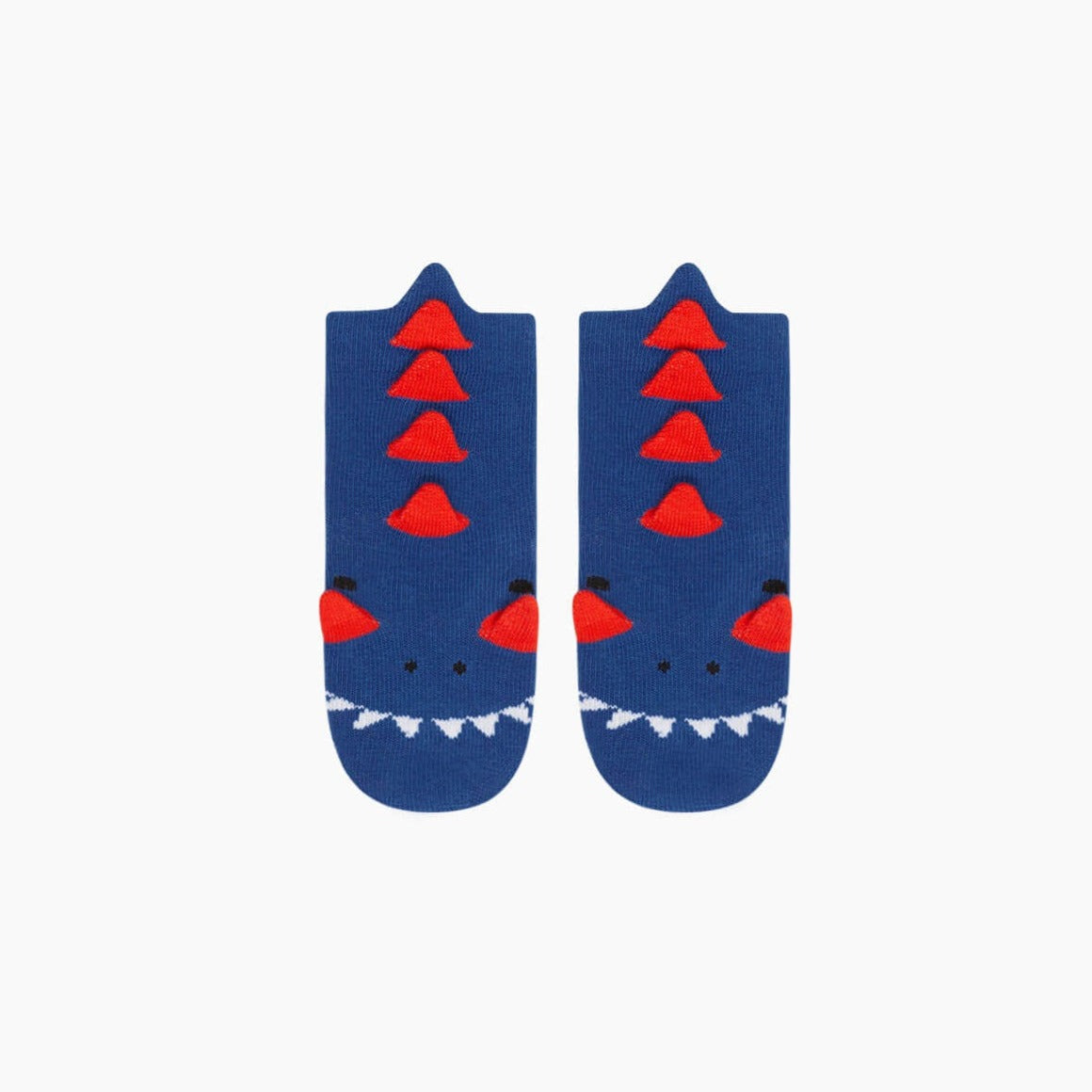 Adorable 3D navy blue dinosaur baby socks featuring a playful dinosaur pattern."