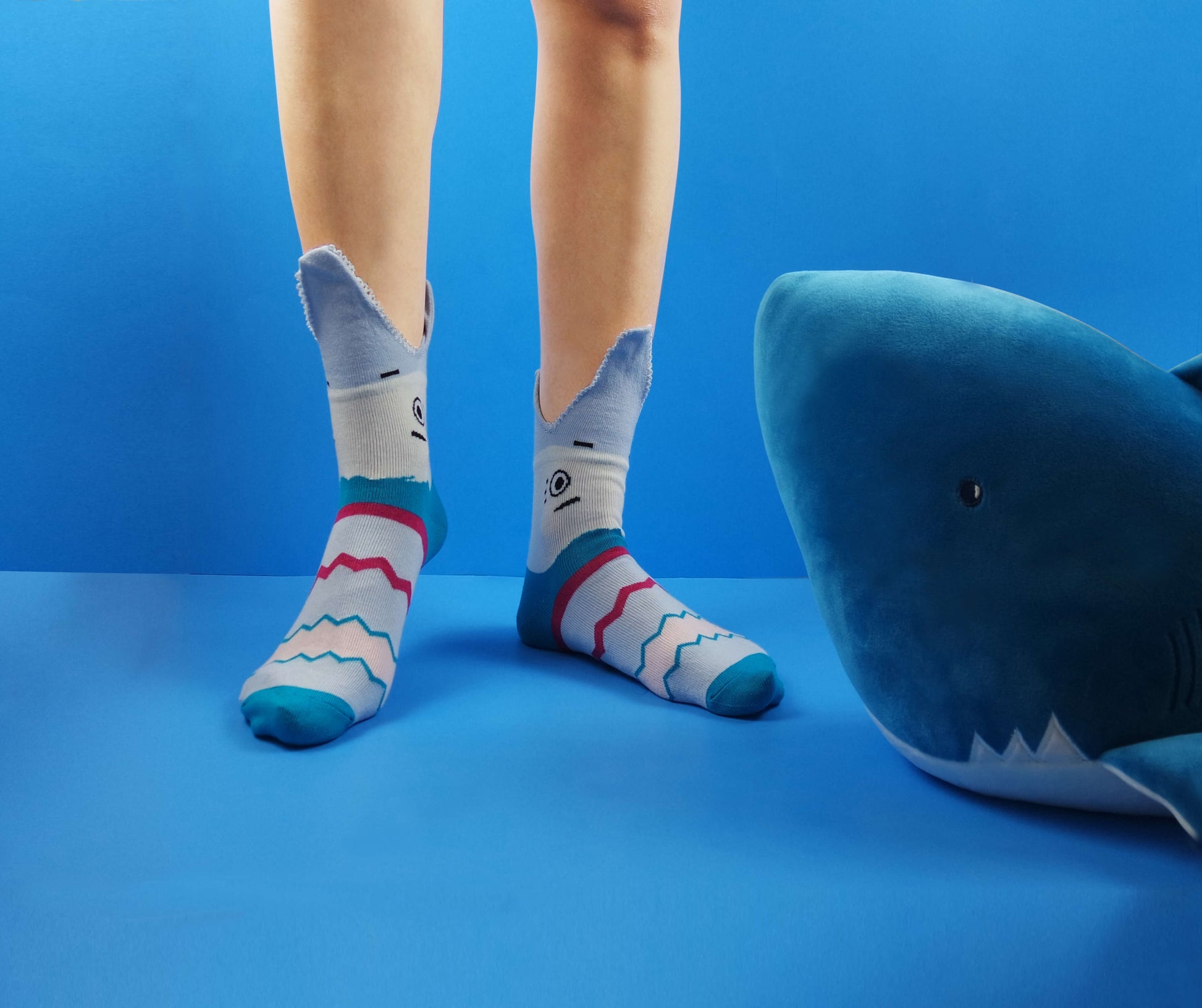 the girl wearing shark socks, 3d design socks by Sockmate