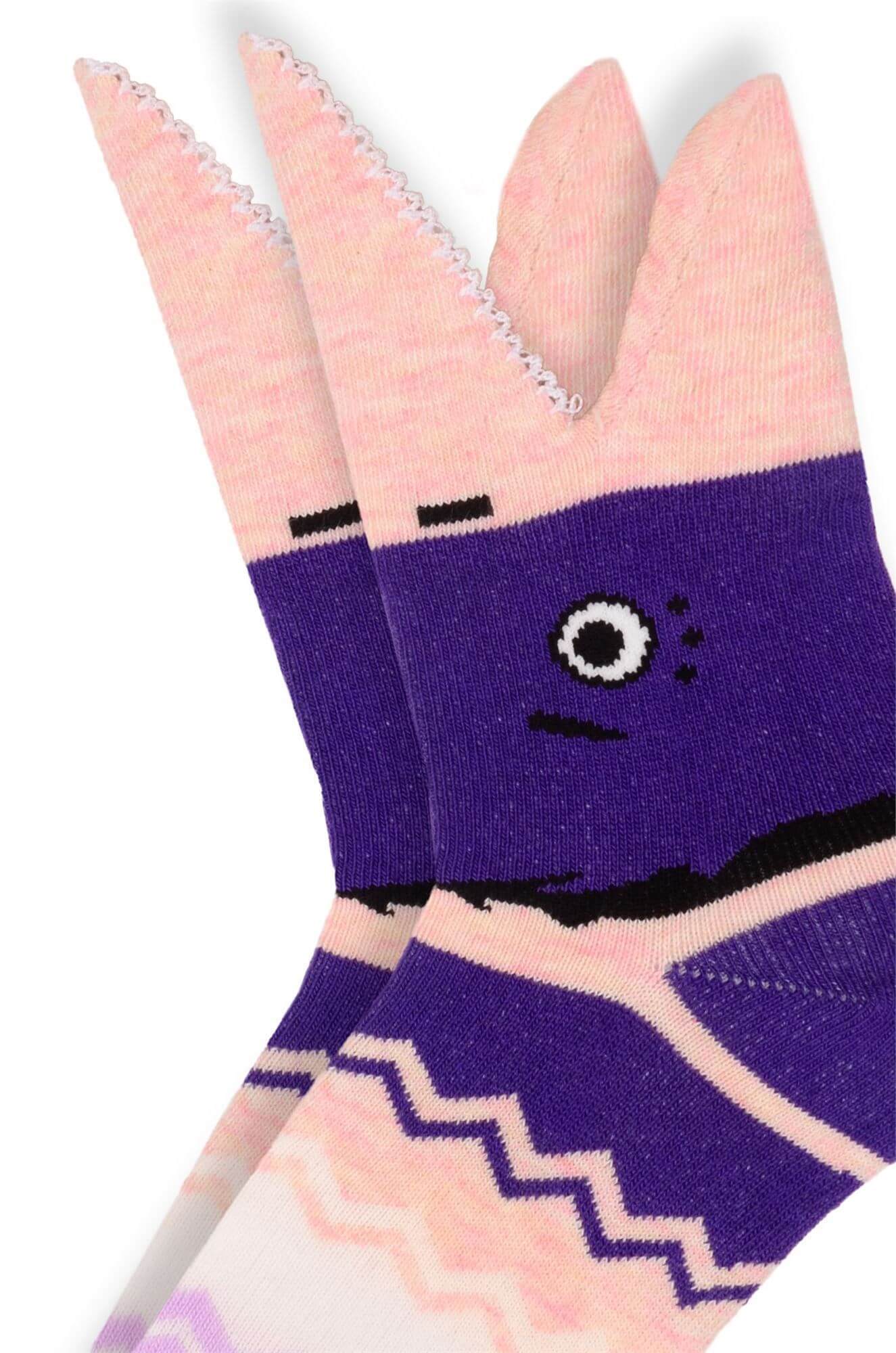 Adorable purple shark-themed 3D accessories socks for kids, designed with attention to detail.