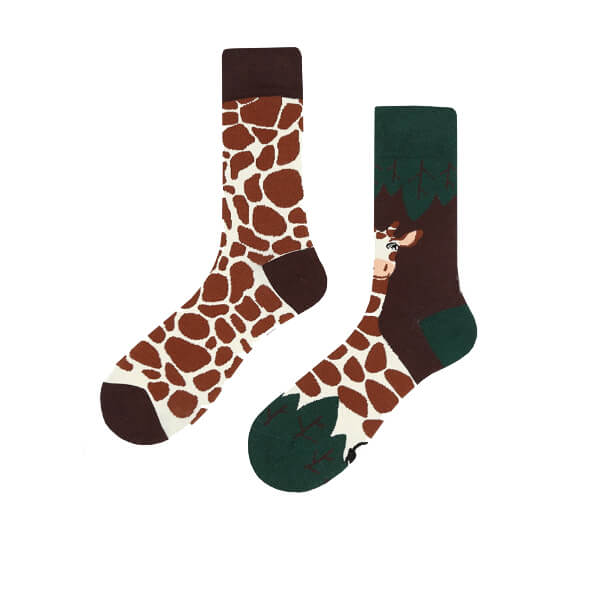 Safari themed socks for any occasion. Giraffe pattern mismatched sock design by Sockmate. Jungle hosiery