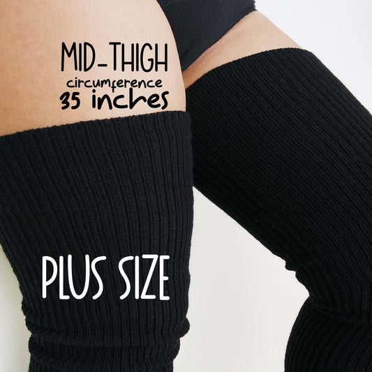 plus size woman wears ribbed style thigh high socks