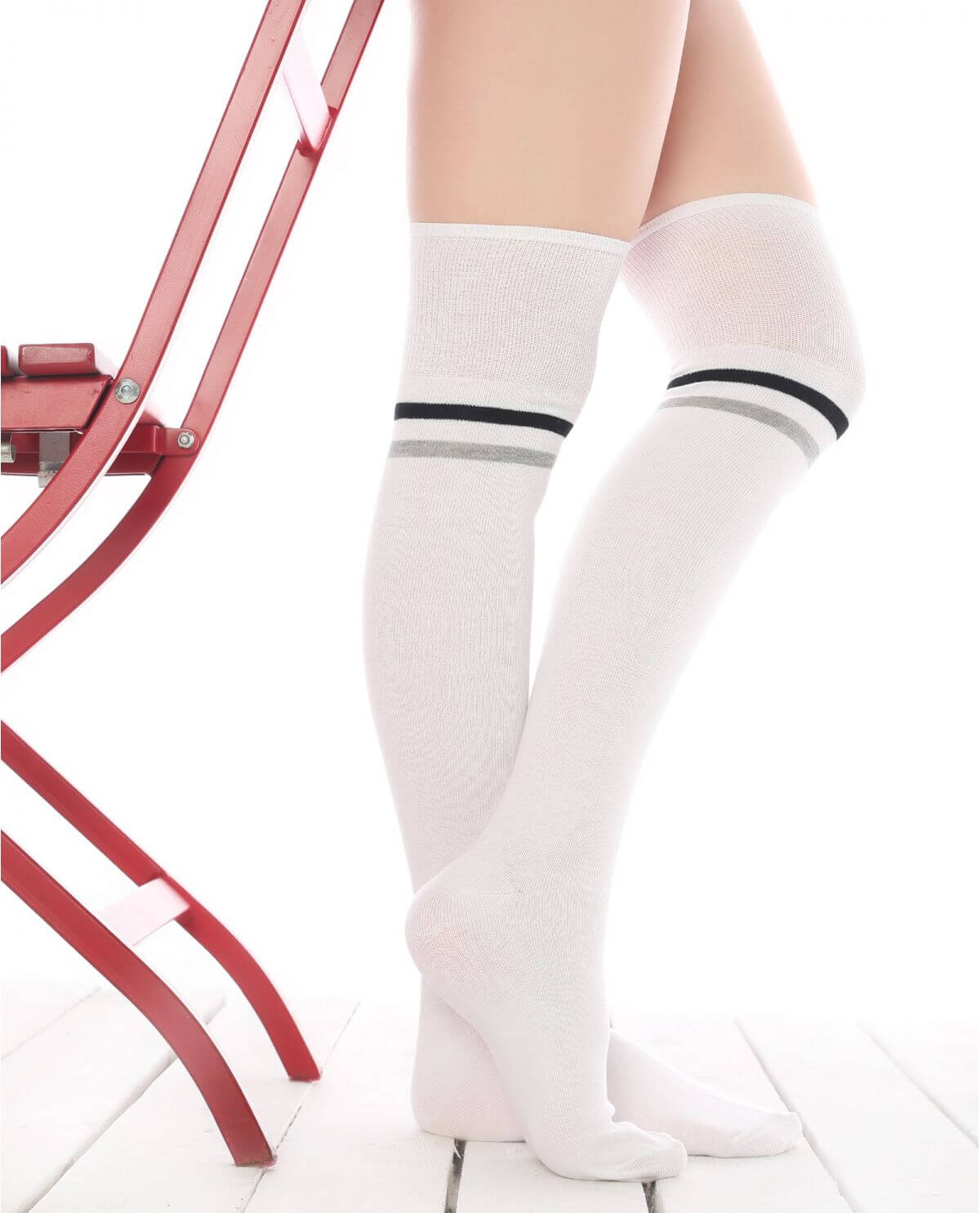 Gray-Black Striped White Cotton Thigh High Socks - Sockmate