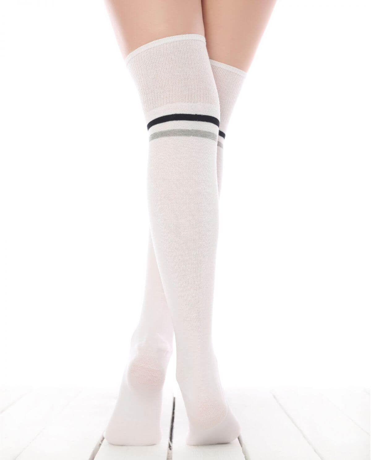 Gray-Black Striped White Cotton Thigh High Socks - Sockmate