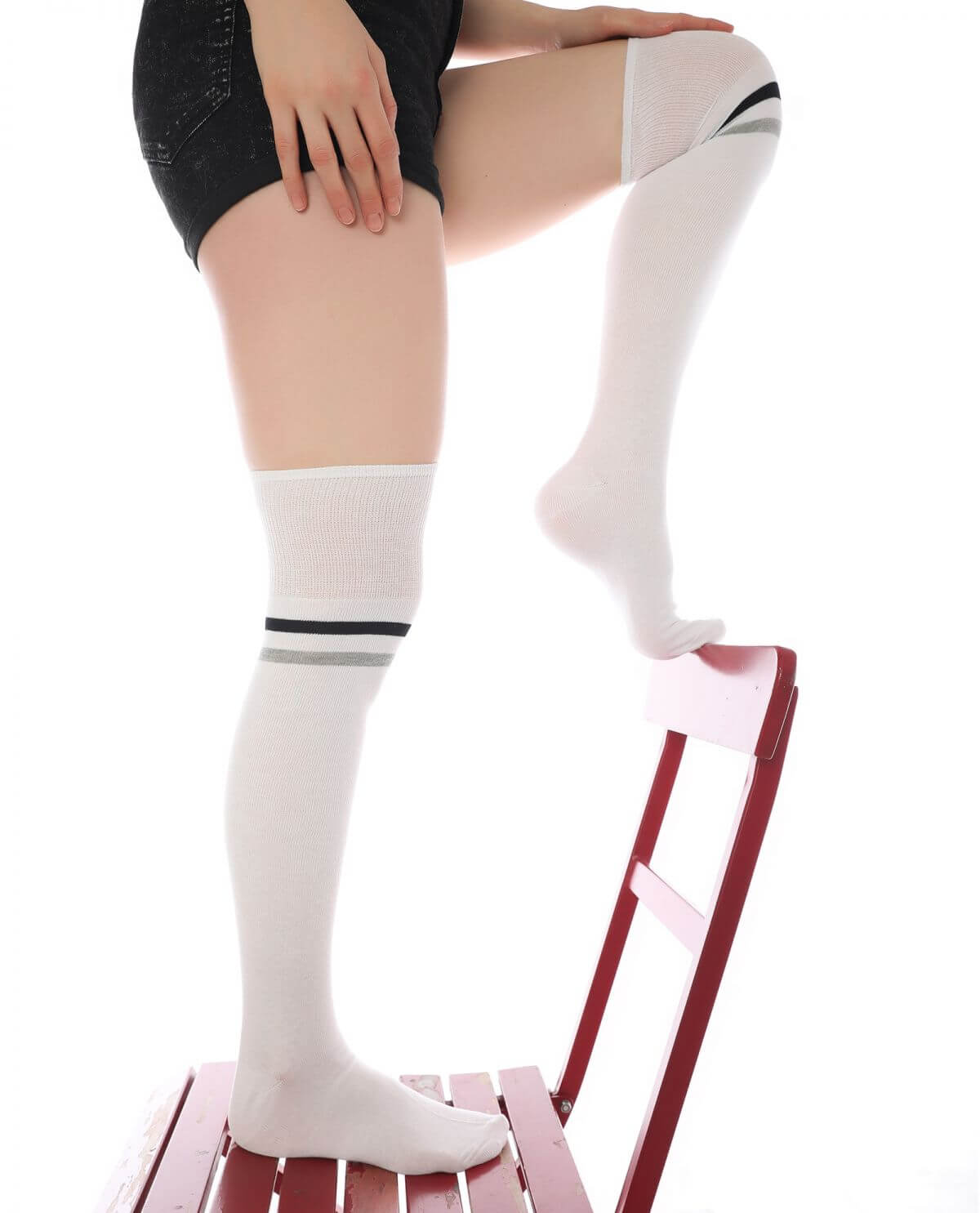 Gray-Black Striped White Cotton Thigh High Socks - Sockmate