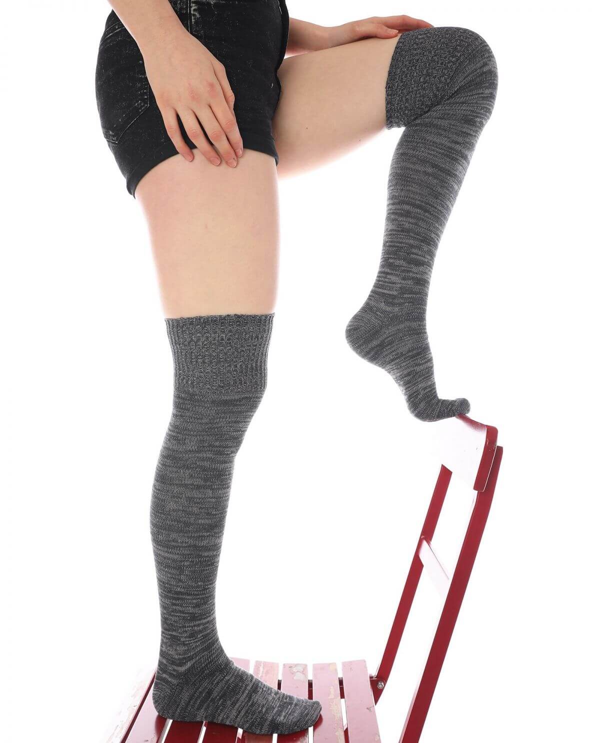 Women's Gray Cotton Thigh High Socks