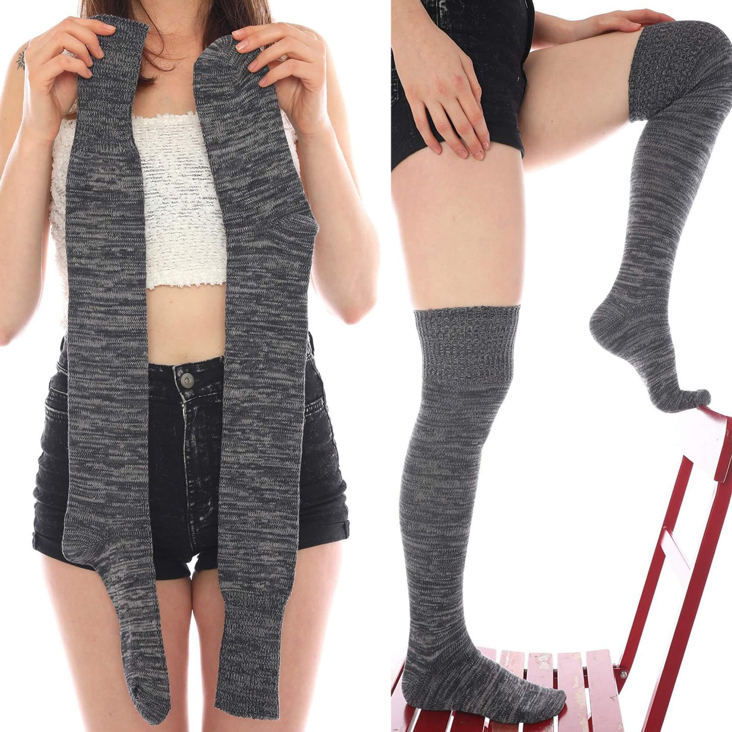 Women's Gray Cotton Thigh High Socks