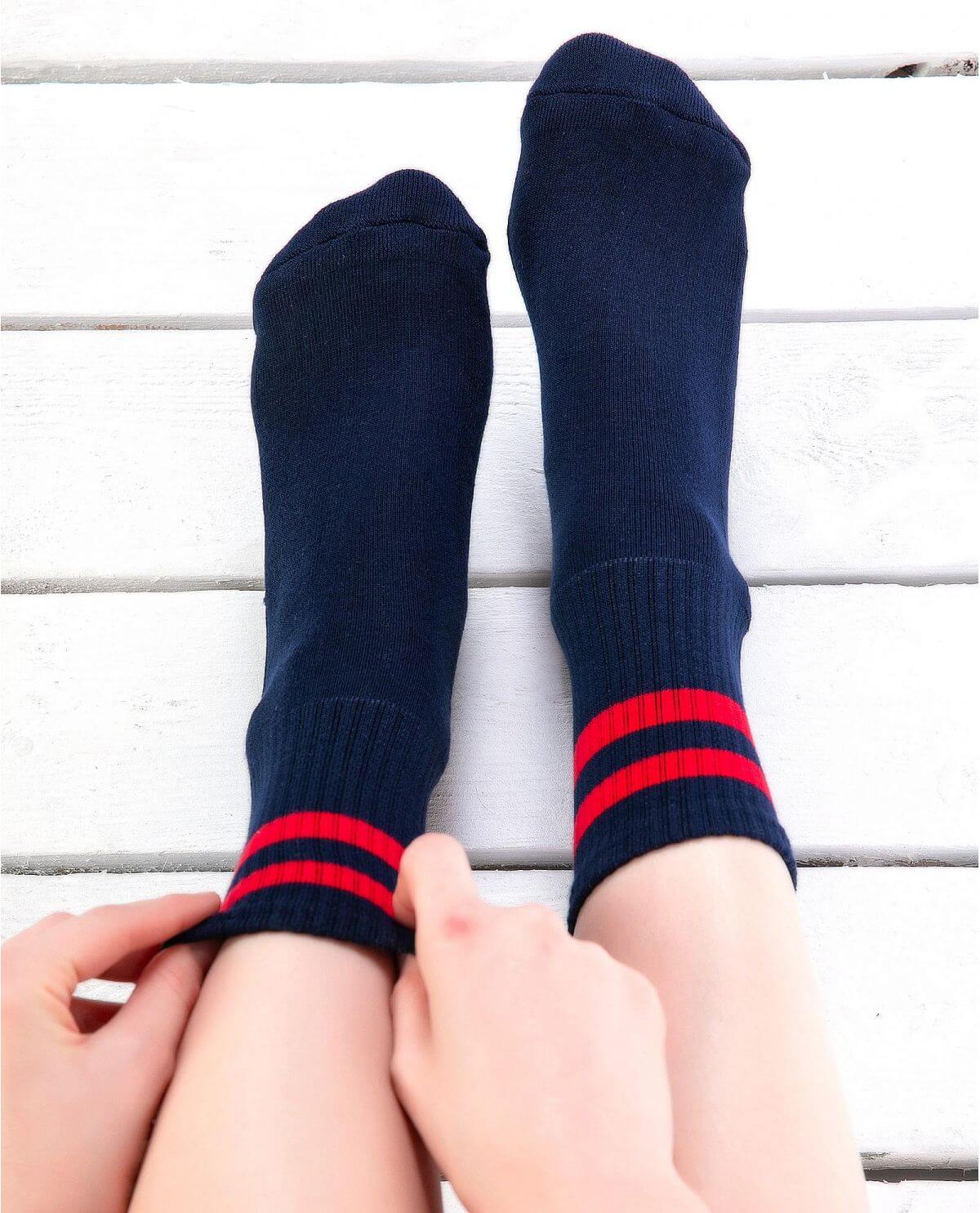 Women's Navy Color-Red Striped Cotton Socks