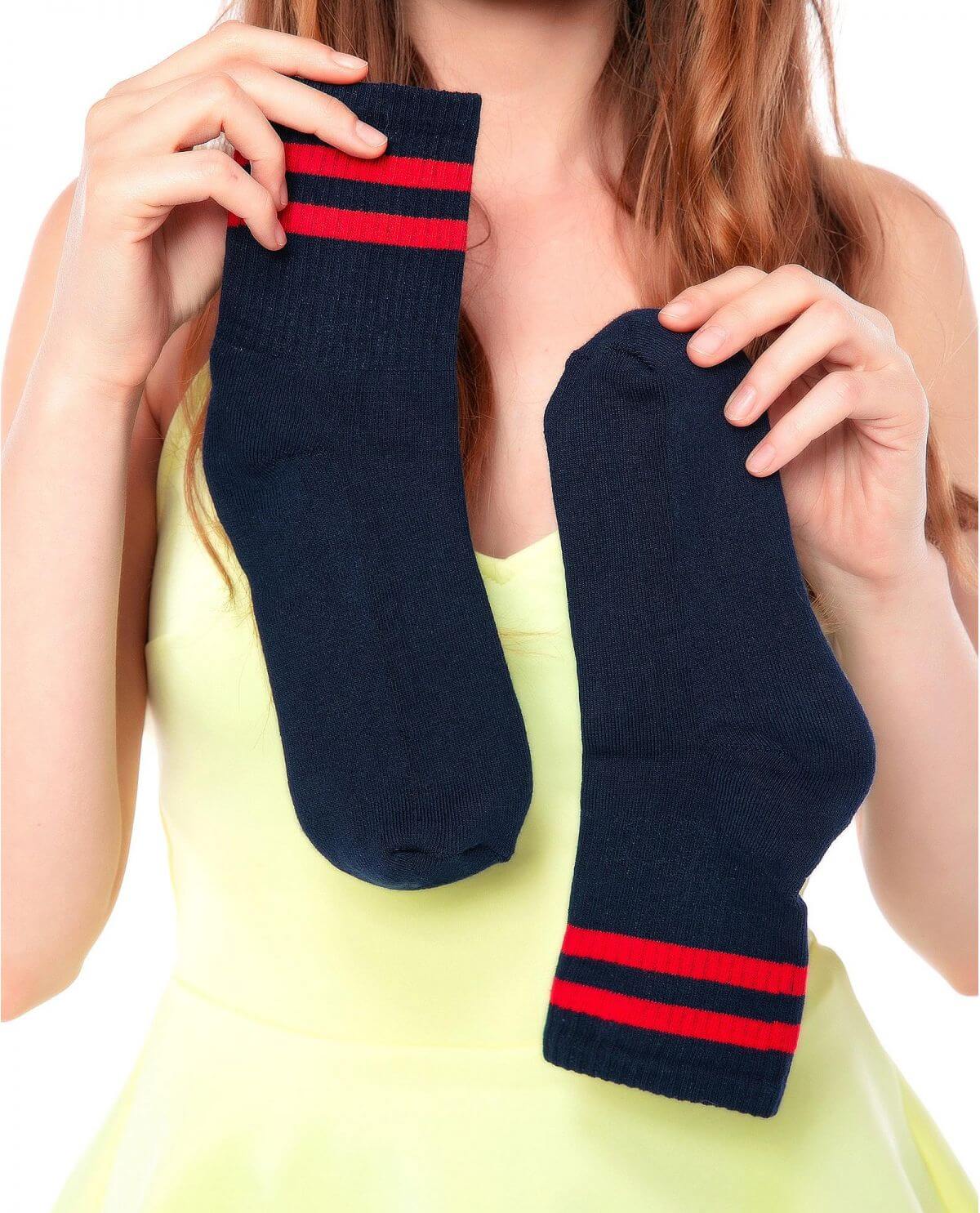 Women's Navy Color-Red Striped Cotton Socks