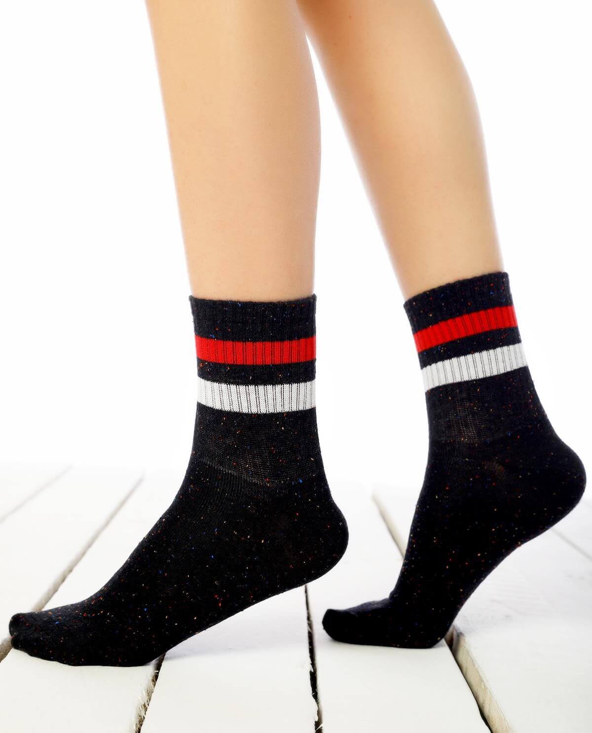 Women's White And Red/2 Stripe Black Socks