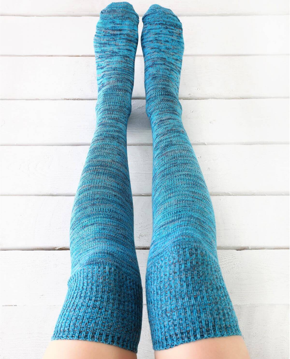Women's Turquoise Cotton Thigh High Socks