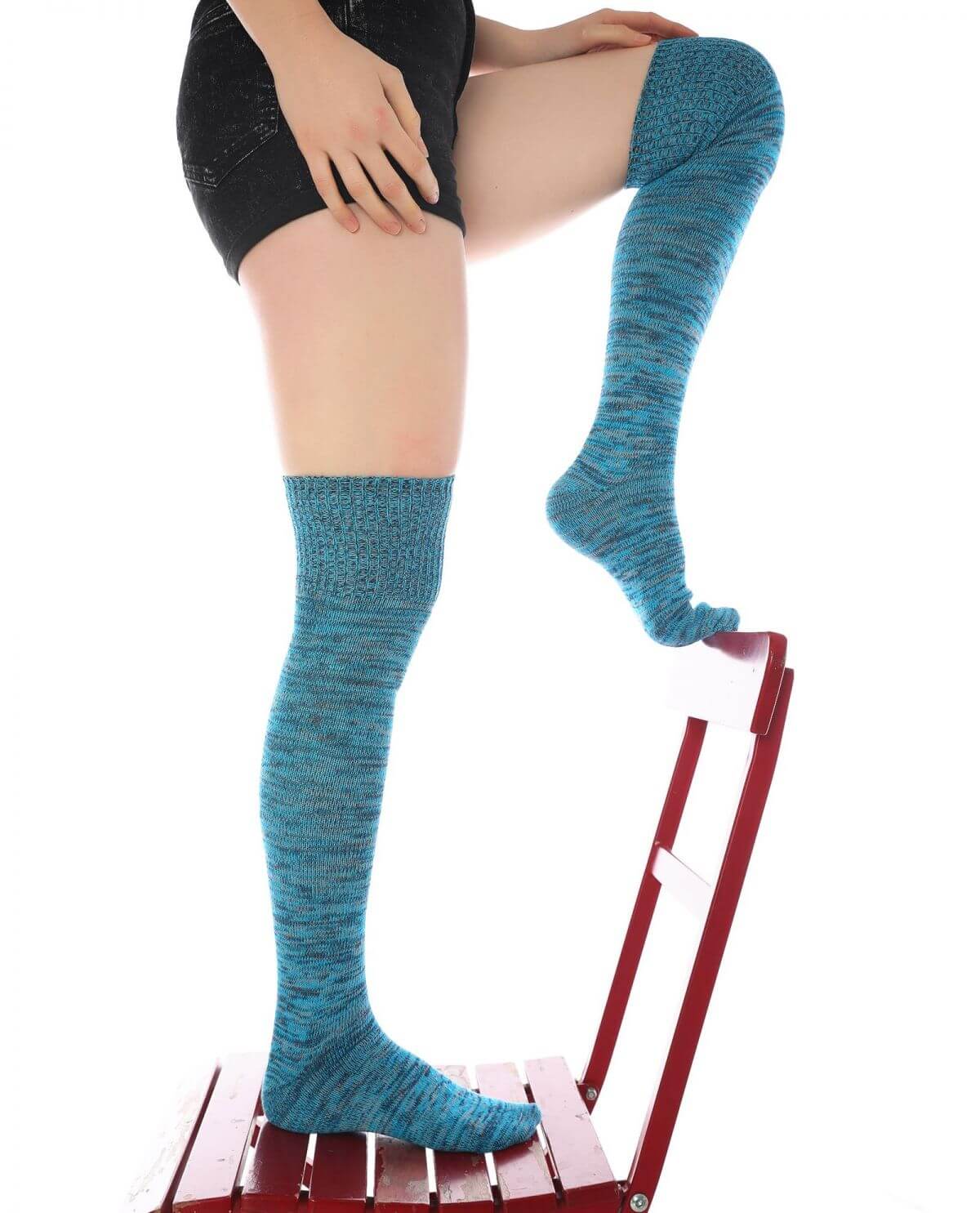 Women's Turquoise Cotton Thigh High Socks