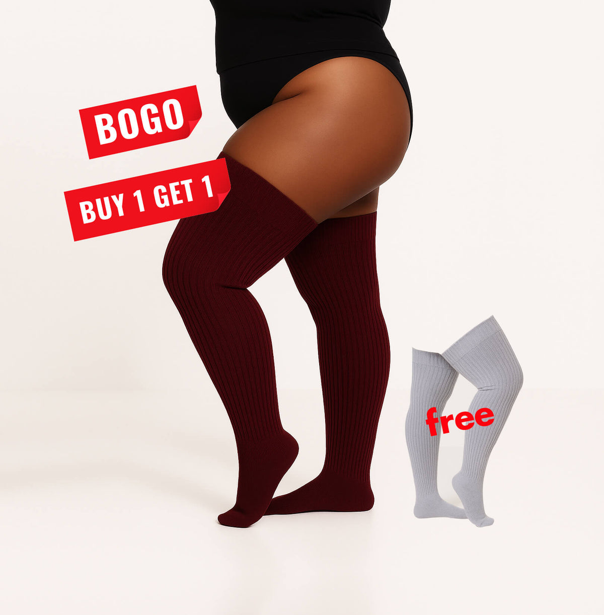 Women's Ribbed Maroon Plus Size Thigh High Socks