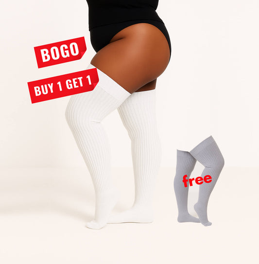 Women's Ribbed White Plus Size Thigh High Socks
