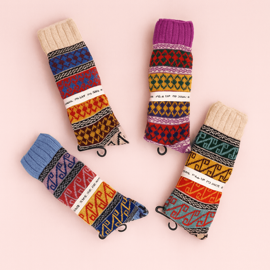 Random Color Mukluk Style Slippers, Knee High Ethnic Sock, Chunky Authentic Socks, Wool Socks, Under Knee Alpaca Wool, Bohemian FairIsle Home Slippers