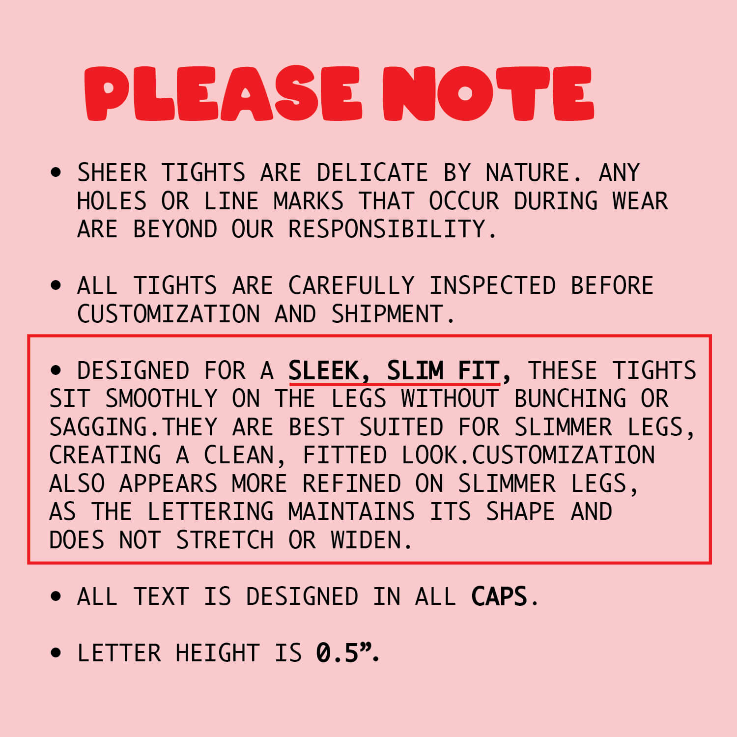 Text on a pink background about sheer tights with design notes and specifications.