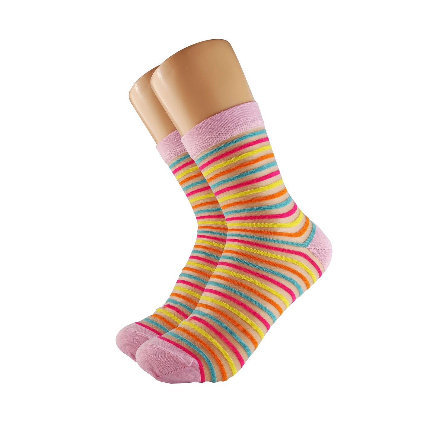 women's sheer socks with stylish pink-toned stripes, adding a chic and elegant touch to the outfit.