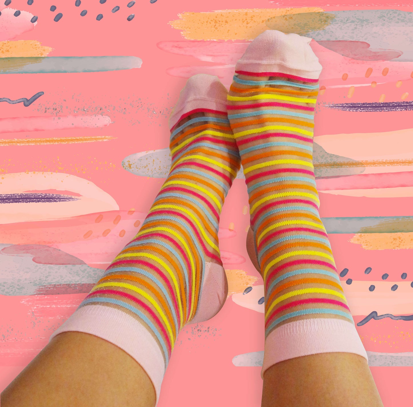 Women's sheer socks with elegant pink-toned stripes, perfect for adding a pop of color and charm to any ensemble.