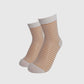 stylish white sheer socks, adding an elegant and sophisticated touch to any outfit.