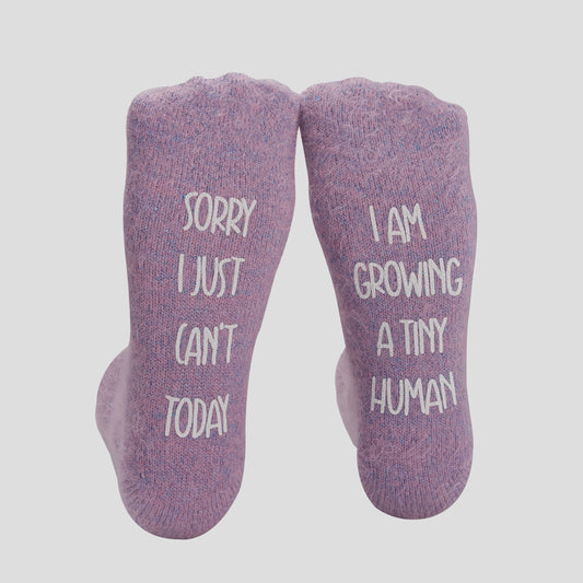Sorry I Just Can't Today, I Am Growing A Tiny Human Fuzzy New Mom Socks -  Dark Lilac